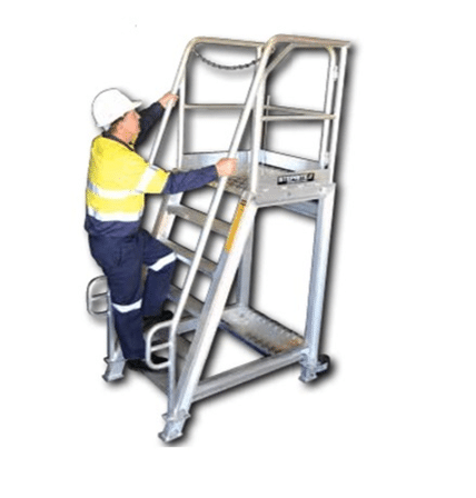 man climbing an aluminium platform ladder