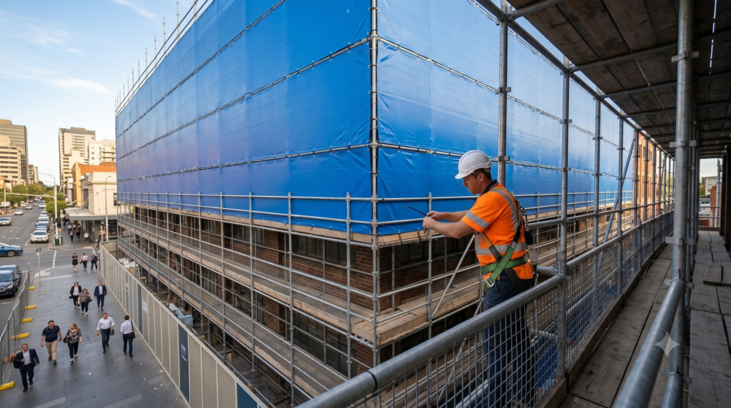 Gemini Generated Image aob24jaob24jaob2 Why You Need Scaffold Containment Sheeting For Construction Projects? 1